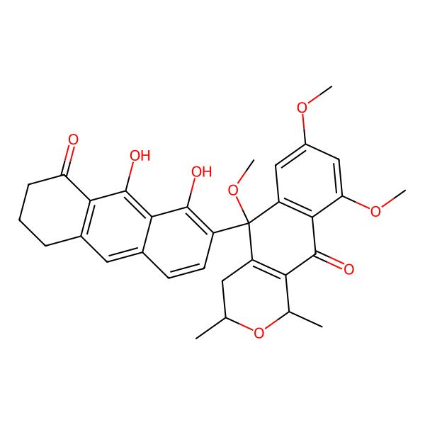 2D Structure of (1R,3S)-5-(1,9-dihydroxy-8-oxo-6,7-dihydro-5H-anthracen-2-yl)-5,7,9-trimethoxy-1,3-dimethyl-3,4-dihydro-1H-benzo[g]isochromen-10-one