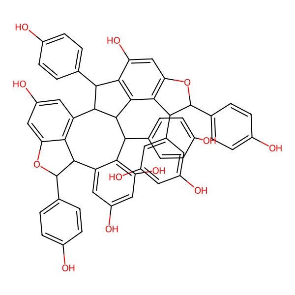 2D Structure of (2R,3S,9S,10S,13R,14S,21S,22R)-10-(3,5-dihydroxyphenyl)-3,9,14,22-tetrakis(4-hydroxyphenyl)-8,23-dioxaheptacyclo[19.6.1.02,13.04,12.07,11.015,20.024,28]octacosa-1(28),4(12),5,7(11),15(20),16,18,24,26-nonaene-5,16,18,26-tetrol