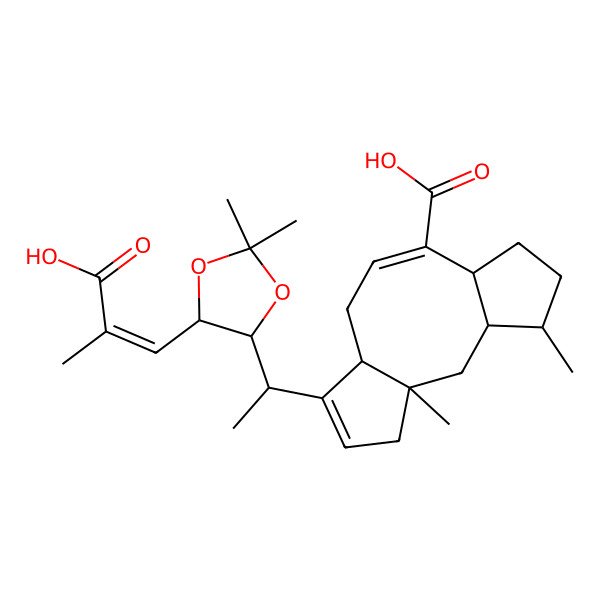 2D Structure of (1R,3R,4R,7S,8E,11S)-12-[(1R)-1-[(4R)-5-[(E)-2-carboxyprop-1-enyl]-2,2-dimethyl-1,3-dioxolan-4-yl]ethyl]-1,4-dimethyltricyclo[9.3.0.03,7]tetradeca-8,12-diene-8-carboxylic acid