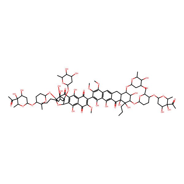 2D Structure of 5-[5-(5-acetyl-4,5-dihydroxy-6-methyloxan-2-yl)oxy-6-methyloxan-2-yl]oxy-15-[9-[5-(5-acetyl-4,5-dihydroxy-6-methyloxan-2-yl)oxy-6-methyloxan-2-yl]oxy-7-(4,5-dihydroxy-6-methyloxan-2-yl)oxy-1,8,10,10a,12-pentahydroxy-3,4-dimethoxy-11-oxo-10-propyl-6a,7,8,9-tetrahydro-6H-tetracen-2-yl]-7-(4,5-dihydroxy-6-methyloxan-2-yl)oxy-6,9,12,19-tetrahydroxy-16-methoxy-4-propyl-3-oxapentacyclo[9.8.0.02,8.04,9.013,18]nonadeca-1(11),12,15,18-tetraene-10,14,17-trione