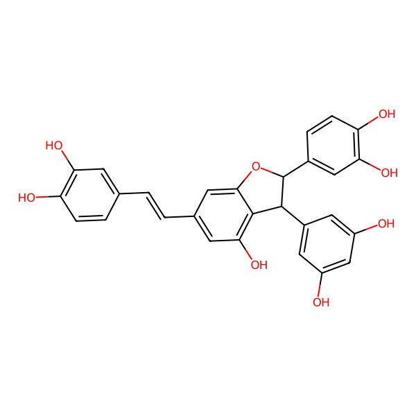 2D Structure of 4-[2-[2-(3,4-Dihydroxyphenyl)-3-(3,5-dihydroxyphenyl)-4-hydroxy-2,3-dihydro-1-benzofuran-6-yl]ethenyl]benzene-1,2-diol