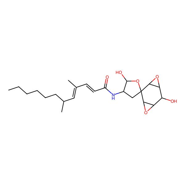 2D Structure of N-(2',6-dihydroxyspiro[4,8-dioxatricyclo[5.1.0.03,5]octane-2,5'-oxolane]-3'-yl)-4,6-dimethyldodeca-2,4-dienamide