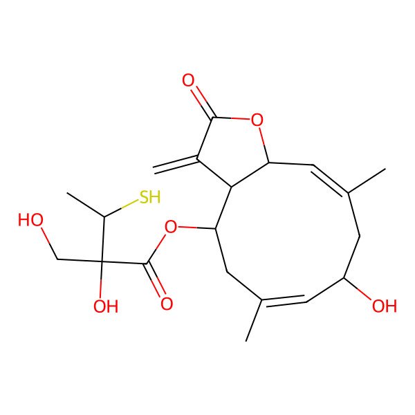 2D Structure of (8-Hydroxy-6,10-dimethyl-3-methylidene-2-oxo-3a,4,5,8,9,11a-hexahydrocyclodeca[b]furan-4-yl) 2-hydroxy-2-(hydroxymethyl)-3-sulfanylbutanoate