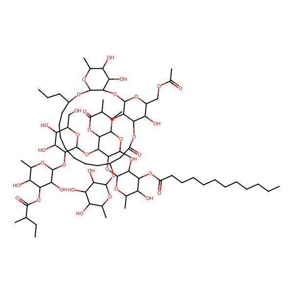 2D Structure of [(2S,3R,4S,5S,6R)-2-[(2S,3S,4R,5R,6S)-6-[[(1S,3R,4S,5S,6R,8R,10S,18S,22S,23R,24R,26R)-24-(acetyloxymethyl)-4,5,23-trihydroxy-6-methyl-20-oxo-10-propyl-18-[(2S,3S,4R,5R,6S)-3,4,5-trihydroxy-6-methyloxan-2-yl]oxy-2,7,9,21,25-pentaoxatricyclo[20.3.1.03,8]hexacosan-26-yl]oxy]-4-[(2S,3R,4S,5S,6R)-3-[(2S,3R,4S,5R,6R)-3,5-dihydroxy-6-methyl-4-[(2S)-2-methylbutanoyl]oxyoxan-2-yl]oxy-4,5-dihydroxy-6-(hydroxymethyl)oxan-2-yl]oxy-2-methyl-5-[(2S)-2-methylbutanoyl]oxyoxan-3-yl]oxy-3,5-dihydroxy-6-methyloxan-4-yl] dodecanoate