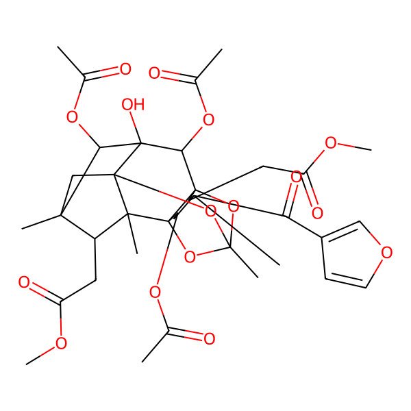 2D Structure of methyl 2-[(1R,2R,3S,4S,5R,6S,7R,8R,10R,12R,13R,15R,16R)-2,4,13-triacetyloxy-15-(furan-3-carbonyl)-3-hydroxy-6-(2-methoxy-2-oxoethyl)-5,7,10,15-tetramethyl-9,11,17-trioxahexacyclo[8.6.1.15,8.01,12.03,8.07,12]octadecan-16-yl]acetate