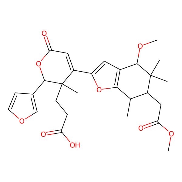 2D Structure of 3-[2-(furan-3-yl)-4-[4-methoxy-6-(2-methoxy-2-oxoethyl)-5,5,7-trimethyl-6,7-dihydro-4H-1-benzofuran-2-yl]-3-methyl-6-oxo-2H-pyran-3-yl]propanoic acid