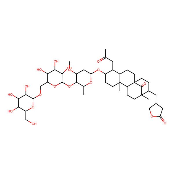 2D Structure of 4-[[(1R,4S,5R,6S,9S,10S,13R,14R)-6-[(2S,4R,5R,6R)-4-methoxy-6-methyl-5-[(2S,3R,4S,5S,6R)-3,4,5-trihydroxy-6-[[(2R,3R,4S,5S,6R)-3,4,5-trihydroxy-6-(hydroxymethyl)oxan-2-yl]oxymethyl]oxan-2-yl]oxyoxan-2-yl]oxy-9,13-dimethyl-17-oxo-5-(2-oxopropyl)-14-tetracyclo[11.3.1.01,10.04,9]heptadecanyl]methyl]oxolan-2-one