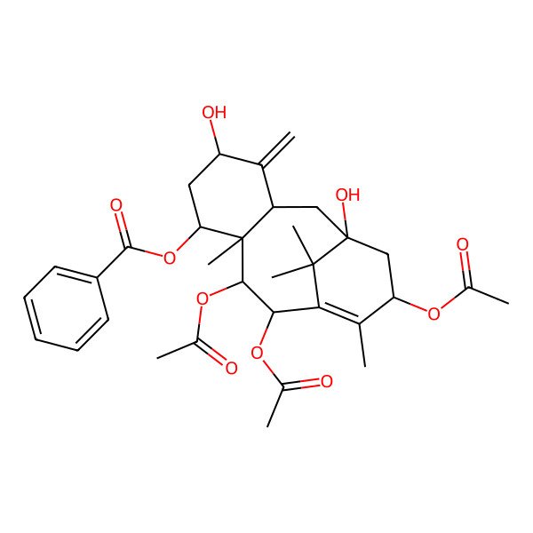 2D Structure of (9,10,13-Triacetyloxy-1,5-dihydroxy-8,12,15,15-tetramethyl-4-methylidene-7-tricyclo[9.3.1.03,8]pentadec-11-enyl) benzoate