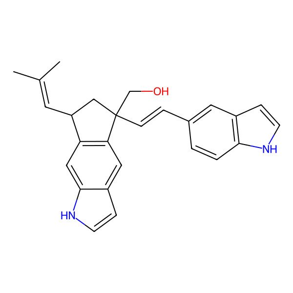 2D Structure of [(5R,7S)-5-[(E)-2-(1H-indol-5-yl)ethenyl]-7-(2-methylprop-1-enyl)-6,7-dihydro-1H-cyclopenta[f]indol-5-yl]methanol