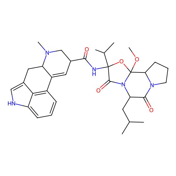 2D Structure of (9R)-N-[(1S,4R)-2-methoxy-7-(2-methylpropyl)-5,8-dioxo-4-propan-2-yl-3-oxa-6,9-diazatricyclo[7.3.0.02,6]dodecan-4-yl]-7-methyl-6,6a,8,9-tetrahydro-4H-indolo[4,3-fg]quinoline-9-carboxamide