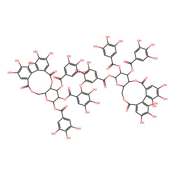 2D Structure of [(10S,11S,12R,13S,15R)-3,4,5,21,22,23-hexahydroxy-8,18-dioxo-11,13-bis[(3,4,5-trihydroxybenzoyl)oxy]-9,14,17-trioxatetracyclo[17.4.0.02,7.010,15]tricosa-1(23),2,4,6,19,21-hexaen-12-yl] 2-[5-[[(10R,11R,12S,13S,15R)-3,4,5,21,22,23-hexahydroxy-8,18-dioxo-11,12-bis[(3,4,5-trihydroxybenzoyl)oxy]-9,14,17-trioxatetracyclo[17.4.0.02,7.010,15]tricosa-1(23),2,4,6,19,21-hexaen-13-yl]oxycarbonyl]-2,3-dihydroxyphenoxy]-3,4,5-trihydroxybenzoate