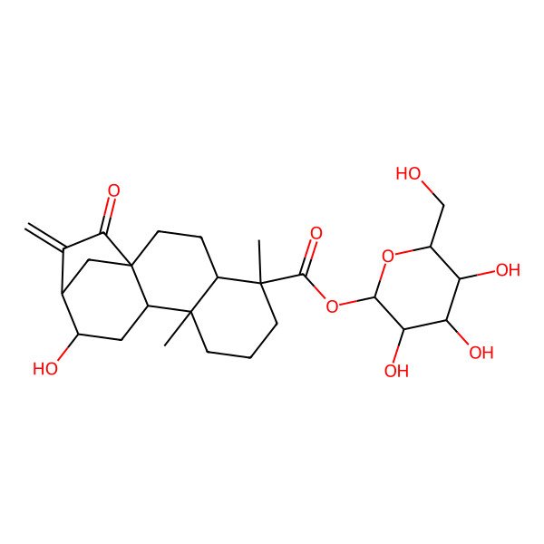 2D Structure of [(2S,3R,4S,5S,6R)-3,4,5-trihydroxy-6-(hydroxymethyl)oxan-2-yl] (1R,4R,5R,9S,10R,12R,13R)-12-hydroxy-5,9-dimethyl-14-methylidene-15-oxotetracyclo[11.2.1.01,10.04,9]hexadecane-5-carboxylate