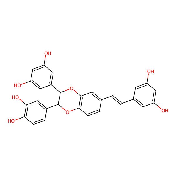 2D Structure of 4-[(2R,3R)-3-(3,5-dihydroxyphenyl)-6-[(Z)-2-(3,5-dihydroxyphenyl)ethenyl]-2,3-dihydro-1,4-benzodioxin-2-yl]benzene-1,2-diol