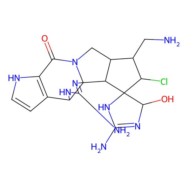 2D Structure of (1'R,4R,5R,5'S,14'R,15'S,16'R,18'S)-2,3'-diamino-15'-(aminomethyl)-16'-chloro-4-hydroxyspiro[1,4-dihydroimidazole-5,17'-2,4,9,12-tetrazapentacyclo[10.6.0.01,5.06,10.014,18]octadeca-2,6(10),7-triene]-11'-one