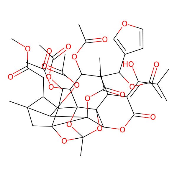 2D Structure of methyl 2-[(1R,2R,3R,4R,5S,6E,9S,10R,12R,14R,15S,16S,17R,18S,19S)-2,3,15,16-tetraacetyloxy-4-[(S)-acetyloxy(furan-3-yl)methyl]-19-(acetyloxymethyl)-6-(1-hydroxy-2-methylpropylidene)-4,12,17-trimethyl-7-oxo-8,11,13,20-tetraoxaheptacyclo[10.7.1.114,17.01,10.05,10.09,15.014,19]henicosan-18-yl]acetate