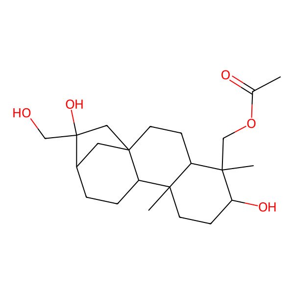 2D Structure of [(1S,4S,5R,6S,9S,10R,13R,14R)-6,14-dihydroxy-14-(hydroxymethyl)-5,9-dimethyl-5-tetracyclo[11.2.1.01,10.04,9]hexadecanyl]methyl acetate