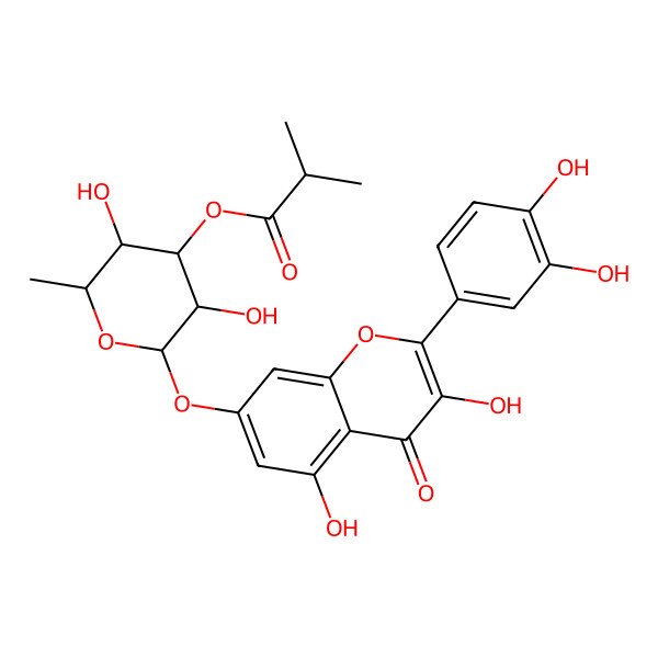 2D Structure of [(2S,3R,4R,5S,6S)-2-[2-(3,4-dihydroxyphenyl)-3,5-dihydroxy-4-oxochromen-7-yl]oxy-3,5-dihydroxy-6-methyloxan-4-yl] 2-methylpropanoate