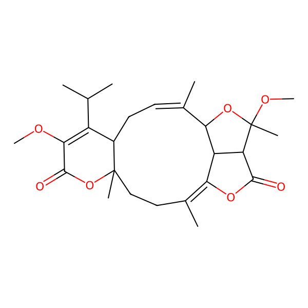 2D Structure of 8,16-Dimethoxy-2,5,13,16-tetramethyl-9-propan-2-yl-6,15,19-trioxatetracyclo[12.5.1.05,10.017,20]icosa-1,8,12-triene-7,18-dione