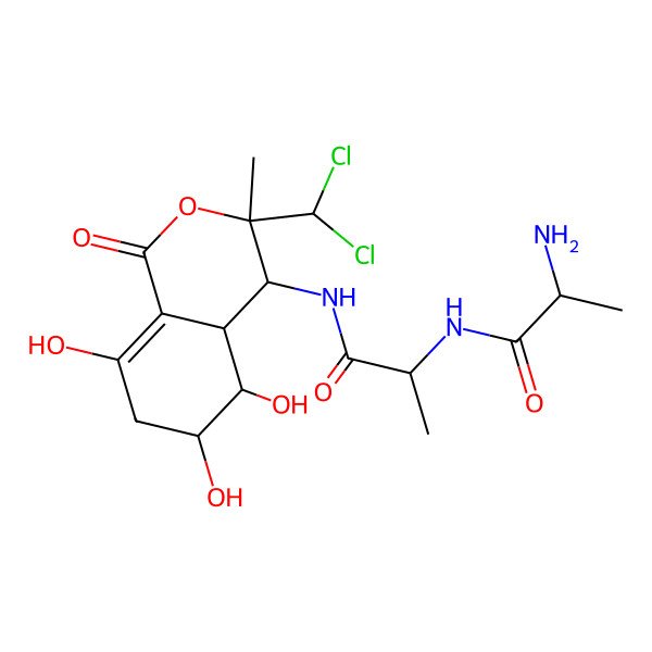 2D Structure of 2-amino-N-[1-[[3-(dichloromethyl)-5,6,8-trihydroxy-3-methyl-1-oxo-4a,5,6,7-tetrahydro-4H-isochromen-4-yl]amino]-1-oxopropan-2-yl]propanamide