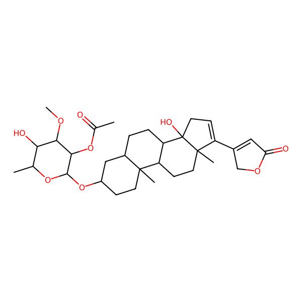 2D Structure of [(2R,3R,4R,5S,6S)-5-hydroxy-2-[[(3S,5R,8R,9S,10S,13R,14S)-14-hydroxy-10,13-dimethyl-17-(5-oxo-2H-furan-3-yl)-1,2,3,4,5,6,7,8,9,11,12,15-dodecahydrocyclopenta[a]phenanthren-3-yl]oxy]-4-methoxy-6-methyloxan-3-yl] acetate