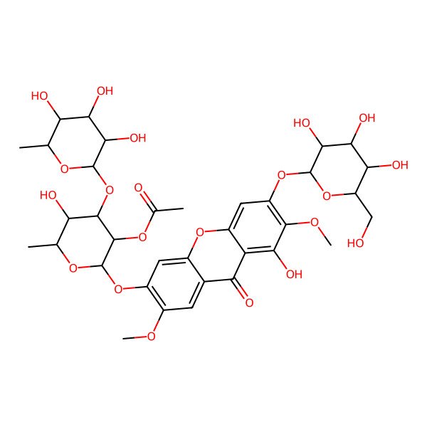 2D Structure of [(2S,3R,4R,5S,6S)-5-hydroxy-2-[8-hydroxy-2,7-dimethoxy-9-oxo-6-[(2S,3R,4S,5S,6R)-3,4,5-trihydroxy-6-(hydroxymethyl)oxan-2-yl]oxyxanthen-3-yl]oxy-6-methyl-4-[(2S,3R,4R,5R,6S)-3,4,5-trihydroxy-6-methyloxan-2-yl]oxyoxan-3-yl] acetate