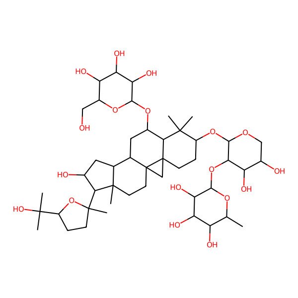 2D Structure of (2S,3R,4R,5R,6S)-2-[(2S,3R,4S,5R)-4,5-dihydroxy-2-[[(1S,3R,6S,8R,9S,11S,12S,14S,15R,16S)-14-hydroxy-15-[(2R,5S)-5-(2-hydroxypropan-2-yl)-2-methyloxolan-2-yl]-7,7,16-trimethyl-9-[(2R,3R,4S,5S,6R)-3,4,5-trihydroxy-6-(hydroxymethyl)oxan-2-yl]oxy-6-pentacyclo[9.7.0.01,3.03,8.012,16]octadecanyl]oxy]oxan-3-yl]oxy-6-methyloxane-3,4,5-triol