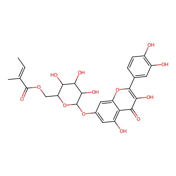 2D Structure of [(2R,3S,4S,5R,6S)-6-[2-(3,4-dihydroxyphenyl)-3,5-dihydroxy-4-oxochromen-7-yl]oxy-3,4,5-trihydroxyoxan-2-yl]methyl (E)-2-methylbut-2-enoate