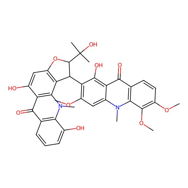 2D Structure of (1S,2R)-5,10-dihydroxy-2-(2-hydroxypropan-2-yl)-1-(1-hydroxy-3,5,6-trimethoxy-10-methyl-9-oxoacridin-2-yl)-11-methyl-1,2-dihydrofuro[2,3-c]acridin-6-one