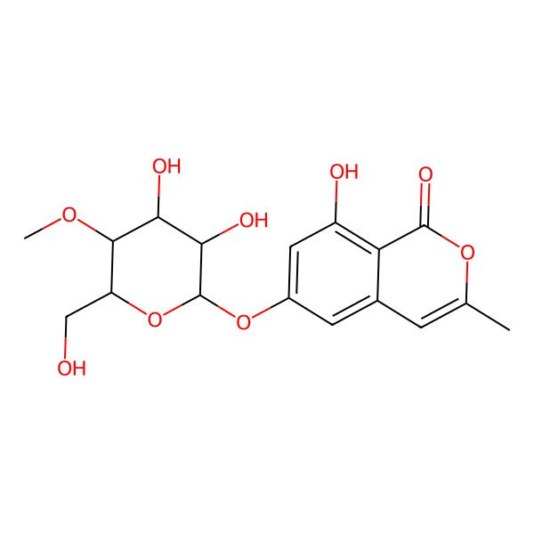 2D Structure of (-)-6-((2S,3R,4R,5S,6R)-3,4-dihydroxy-6-(hydroxymethyl)-5-methoxytetrahydro-2H-pyran-2-yloxy)-8-hydroxy-3-methyl-1H-isochromen-1-one
