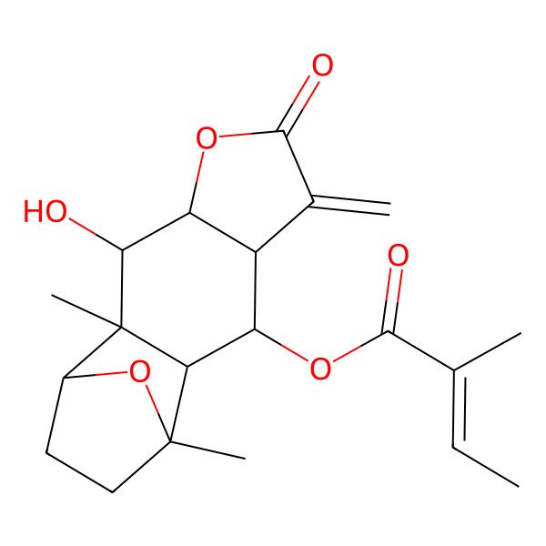 2D Structure of (3-Hydroxy-2,11-dimethyl-7-methylidene-6-oxo-5,14-dioxatetracyclo[9.2.1.02,10.04,8]tetradecan-9-yl) 2-methylbut-2-enoate