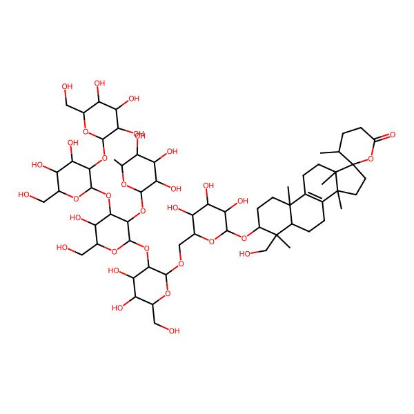 2D Structure of (3S,4S,5R,5'R,10S,13S,14S,17S)-3-[(2R,3R,4S,5S,6R)-6-[[(2R,3R,4S,5R,6R)-3-[(2S,3R,4S,5R,6R)-4-[(2S,3R,4S,5S,6R)-4,5-dihydroxy-6-(hydroxymethyl)-3-[(2S,3R,4S,5S,6R)-3,4,5-trihydroxy-6-(hydroxymethyl)oxan-2-yl]oxyoxan-2-yl]oxy-5-hydroxy-6-(hydroxymethyl)-3-[(2S,3R,4R,5R,6S)-3,4,5-trihydroxy-6-methyloxan-2-yl]oxyoxan-2-yl]oxy-4,5-dihydroxy-6-(hydroxymethyl)oxan-2-yl]oxymethyl]-3,4,5-trihydroxyoxan-2-yl]oxy-4-(hydroxymethyl)-4,5',10,13,14-pentamethylspiro[1,2,3,5,6,7,11,12,15,16-decahydrocyclopenta[a]phenanthrene-17,6'-oxane]-2'-one