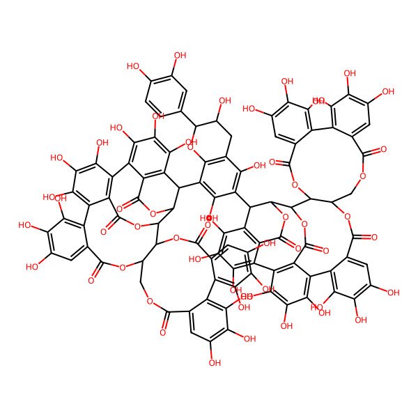 2D Structure of 46-[2-(3,4-dihydroxyphenyl)-3,5,7-trihydroxy-8-(7,8,9,12,13,14,25,26,27,30,31,32,35,36,37-pentadecahydroxy-4,17,22,40,44-pentaoxo-3,18,21,41,43-pentaoxanonacyclo[27.13.3.138,42.02,20.05,10.011,16.023,28.033,45.034,39]hexatetraconta-5,7,9,11,13,15,23,25,27,29(45),30,32,34(39),35,37-pentadecaen-46-yl)-3,4-dihydro-2H-chromen-6-yl]-7,8,9,12,13,14,25,26,27,30,31,32,35,36,37-pentadecahydroxy-3,18,21,41,43-pentaoxanonacyclo[27.13.3.138,42.02,20.05,10.011,16.023,28.033,45.034,39]hexatetraconta-5,7,9,11,13,15,23,25,27,29(45),30,32,34(39),35,37-pentadecaene-4,17,22,40,44-pentone