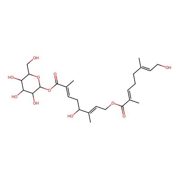 2D Structure of [(2S,3R,4S,5S,6R)-3,4,5-trihydroxy-6-(hydroxymethyl)oxan-2-yl] (2E,6E)-5-hydroxy-8-[(2E,6E)-8-hydroxy-2,6-dimethylocta-2,6-dienoyl]oxy-2,6-dimethylocta-2,6-dienoate