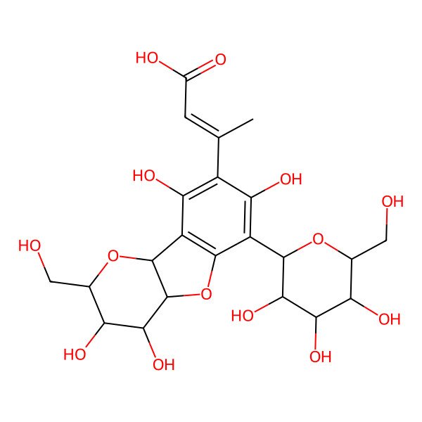 2D Structure of (E)-3-[(2R,3S,4R,4aS,9bS)-3,4,7,9-tetrahydroxy-2-(hydroxymethyl)-6-[(2R,3S,4S,5S,6S)-3,4,5-trihydroxy-6-(hydroxymethyl)oxan-2-yl]-3,4,4a,9b-tetrahydro-2H-pyrano[3,2-b][1]benzofuran-8-yl]but-2-enoic acid