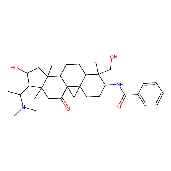 2D Structure of N-[15-[1-(dimethylamino)ethyl]-14-hydroxy-7-(hydroxymethyl)-7,12,16-trimethyl-18-oxo-6-pentacyclo[9.7.0.01,3.03,8.012,16]octadecanyl]benzamide