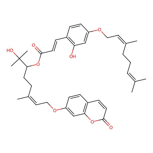 2D Structure of 2-Propenoic acid, 3-[4-[(3,7-dimethyl-2,6-octadienyl)oxy]-2-hydroxyphenyl]-, 1-(1-hydroxy-1-methylethyl)-4-methyl-6-[(2-oxo-2H-1-benzopyran-7-yl)oxy]-4-hexenyl ester, [R-(E,E,E)]-