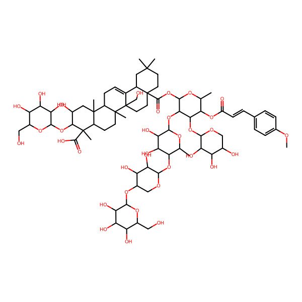 2D Structure of (2S,3R,4S,4aR,6aR,6bR,8aS,12aS,14aR,14bR)-8a-[(2S,3S,4R,5S,6S)-3-[(2S,3R,4R,5R,6R)-5-[(2S,3R,4R,5R)-3,4-dihydroxy-5-[(2S,3R,4S,5R,6R)-3,4,5-trihydroxy-6-(hydroxymethyl)oxan-2-yl]oxyoxan-2-yl]oxy-3,4-dihydroxy-6-methyloxan-2-yl]oxy-5-[(E)-3-(4-methoxyphenyl)prop-2-enoyl]oxy-6-methyl-4-[(2S,3R,4S,5S)-3,4,5-trihydroxyoxan-2-yl]oxyoxan-2-yl]oxycarbonyl-2-hydroxy-6b-(hydroxymethyl)-4,6a,11,11,14b-pentamethyl-3-[(2R,3R,4S,5S,6S)-3,4,5-trihydroxy-6-(hydroxymethyl)oxan-2-yl]oxy-1,2,3,4a,5,6,7,8,9,10,12,12a,14,14a-tetradecahydropicene-4-carboxylic acid