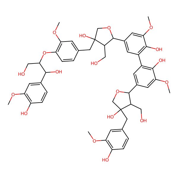 2D Structure of 2-[4-[[3-Hydroxy-5-[4-hydroxy-3-[2-hydroxy-5-[4-hydroxy-4-[(4-hydroxy-3-methoxyphenyl)methyl]-3-(hydroxymethyl)oxolan-2-yl]-3-methoxyphenyl]-5-methoxyphenyl]-4-(hydroxymethyl)oxolan-3-yl]methyl]-2-methoxyphenoxy]-1-(4-hydroxy-3-methoxyphenyl)propane-1,3-diol