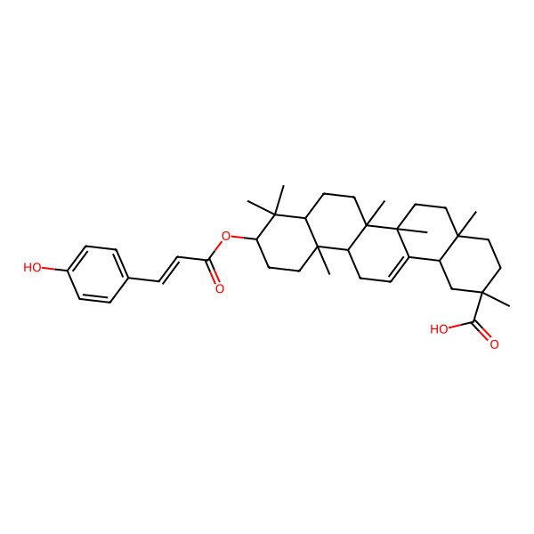 2D Structure of (2S,4aS,6aR,6aS,6bR,8aR,10R,12aR,14bR)-10-[(E)-3-(4-hydroxyphenyl)prop-2-enoyl]oxy-2,4a,6a,6b,9,9,12a-heptamethyl-1,3,4,5,6,6a,7,8,8a,10,11,12,13,14b-tetradecahydropicene-2-carboxylic acid