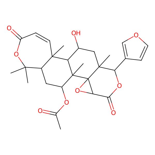 2D Structure of [7-(Furan-3-yl)-10-hydroxy-1,8,12,17,17-pentamethyl-5,15-dioxo-3,6,16-trioxapentacyclo[9.9.0.02,4.02,8.012,18]icos-13-en-20-yl] acetate