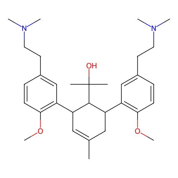 2D Structure of 2-[(1S,2R,6R)-2,6-bis[5-[2-(dimethylamino)ethyl]-2-methoxyphenyl]-4-methylcyclohex-3-en-1-yl]propan-2-ol