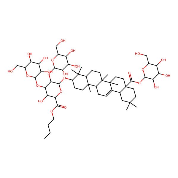 2D Structure of butyl (2S,3S,4S,5R,6R)-6-[[(3S,4aR,6aR,6bS,8aS,12aS,14aR,14bR)-4,4,6a,6b,11,11,14b-heptamethyl-8a-[(3R,4S,5S,6R)-3,4,5-trihydroxy-6-(hydroxymethyl)oxan-2-yl]oxycarbonyl-1,2,3,4a,5,6,7,8,9,10,12,12a,14,14a-tetradecahydropicen-3-yl]oxy]-3-hydroxy-4-[(2R,3S,4R,5S,6S)-3,4,5-trihydroxy-6-(hydroxymethyl)oxan-2-yl]oxy-5-[(2S,3R,4S,5S,6R)-3,4,5-trihydroxy-6-(hydroxymethyl)oxan-2-yl]oxyoxane-2-carboxylate