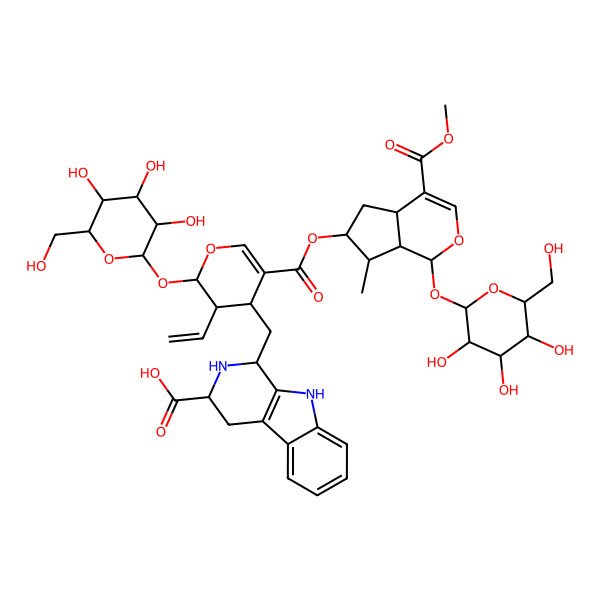 2D Structure of (1R,3S)-1-[[(2S,3R,4S)-5-[[(1S,4aS,6S,7R,7aS)-4-methoxycarbonyl-7-methyl-1-[(2S,3R,4S,5S,6R)-3,4,5-trihydroxy-6-(hydroxymethyl)oxan-2-yl]oxy-1,4a,5,6,7,7a-hexahydrocyclopenta[c]pyran-6-yl]oxycarbonyl]-3-ethenyl-2-[(2S,3R,4S,5S,6R)-3,4,5-trihydroxy-6-(hydroxymethyl)oxan-2-yl]oxy-3,4-dihydro-2H-pyran-4-yl]methyl]-2,3,4,9-tetrahydro-1H-pyrido[3,4-b]indole-3-carboxylic acid