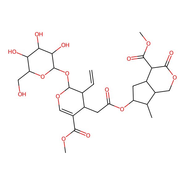 2D Structure of methyl 6-[2-[3-ethenyl-5-methoxycarbonyl-2-[3,4,5-trihydroxy-6-(hydroxymethyl)oxan-2-yl]oxy-3,4-dihydro-2H-pyran-4-yl]acetyl]oxy-7-methyl-3-oxo-4,4a,5,6,7,7a-hexahydro-1H-cyclopenta[c]pyran-4-carboxylate