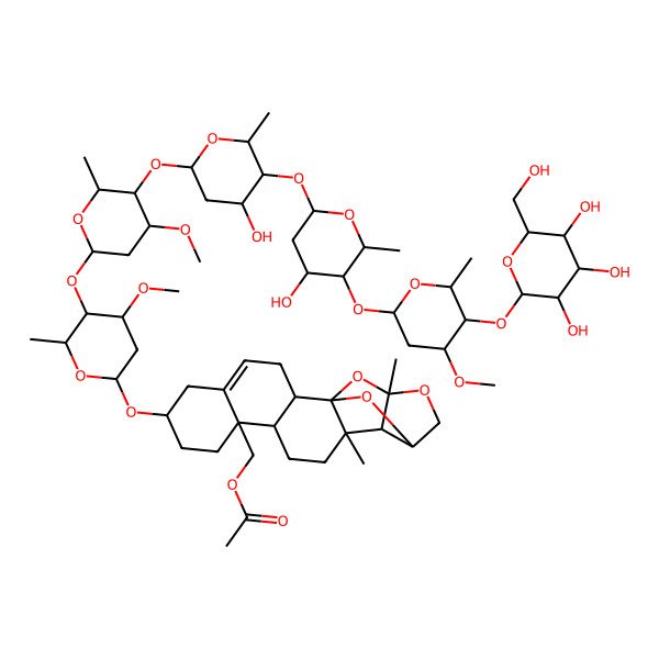 2D Structure of [(1S,2R,7S,10S,11S,14R,15R,16R,19S)-7-[(2R,4R,5R)-5-[(2S,4R,5R)-5-[(2S,4R,5S)-4-hydroxy-5-[(2S,4R,5S)-4-hydroxy-5-[(2S,4R,5R)-4-methoxy-6-methyl-5-[(2S,4S,5S)-3,4,5-trihydroxy-6-(hydroxymethyl)oxan-2-yl]oxyoxan-2-yl]oxy-6-methyloxan-2-yl]oxy-6-methyloxan-2-yl]oxy-4-methoxy-6-methyloxan-2-yl]oxy-4-methoxy-6-methyloxan-2-yl]oxy-14,16-dimethyl-17,20,21-trioxahexacyclo[14.4.1.01,14.02,11.05,10.015,19]henicos-4-en-10-yl]methyl acetate