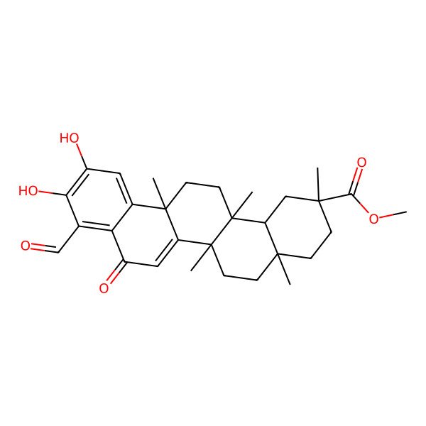 2D Structure of methyl (2R,4aS,6aS,14aS,14bR)-9-formyl-10,11-dihydroxy-2,4a,6a,6a,14a-pentamethyl-8-oxo-1,3,4,5,6,13,14,14b-octahydropicene-2-carboxylate