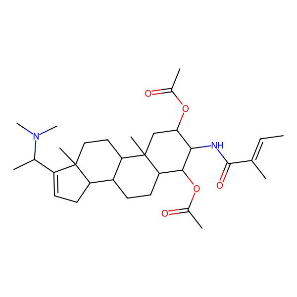 2D Structure of [(3S,4R,8R,9S,10R,13S)-4-acetyloxy-17-[(1S)-1-(dimethylamino)ethyl]-10,13-dimethyl-3-[[(E)-2-methylbut-2-enoyl]amino]-2,3,4,5,6,7,8,9,11,12,14,15-dodecahydro-1H-cyclopenta[a]phenanthren-2-yl] acetate
