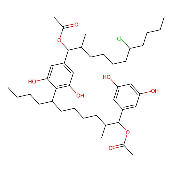 2D Structure of [7-[4-(1-Acetyloxy-7-chloro-2-methylundecyl)-2,6-dihydroxyphenyl]-1-(3,5-dihydroxyphenyl)-2-methylundecyl] acetate