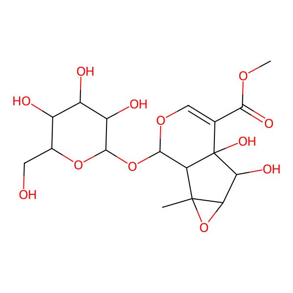 2D Structure of methyl (1S,2R,4S,5R,6R,10S)-5,6-dihydroxy-2-methyl-10-[(2S,3S,4R,5S,6S)-3,4,5-trihydroxy-6-(hydroxymethyl)oxan-2-yl]oxy-3,9-dioxatricyclo[4.4.0.02,4]dec-7-ene-7-carboxylate