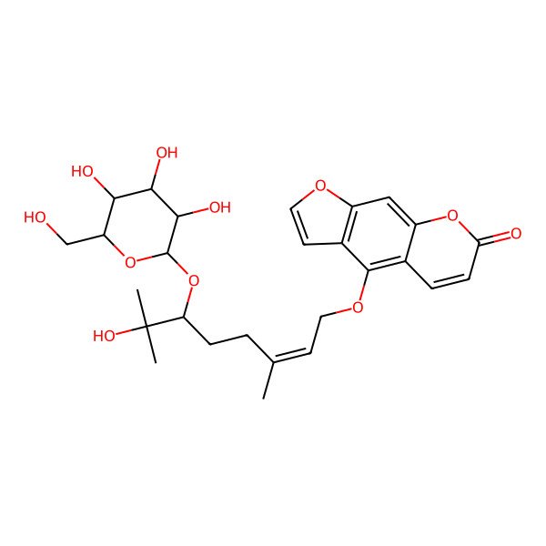 2D Structure of 4-[(E,6S)-7-hydroxy-3,7-dimethyl-6-[(2S,3R,4S,5S,6R)-3,4,5-trihydroxy-6-(hydroxymethyl)oxan-2-yl]oxyoct-2-enoxy]furo[3,2-g]chromen-7-one